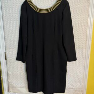 Vtg Bloomingdales Long Sleeve Black Dress -Lined, Gold Detail at Neck- Sz 14 EUC